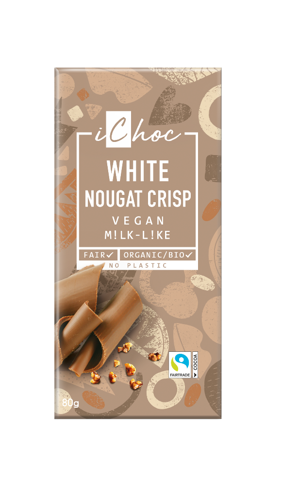 Lys sjokolade - hvit nougat med hasselnøttkrisp -  80 g - økologisk - iChoc